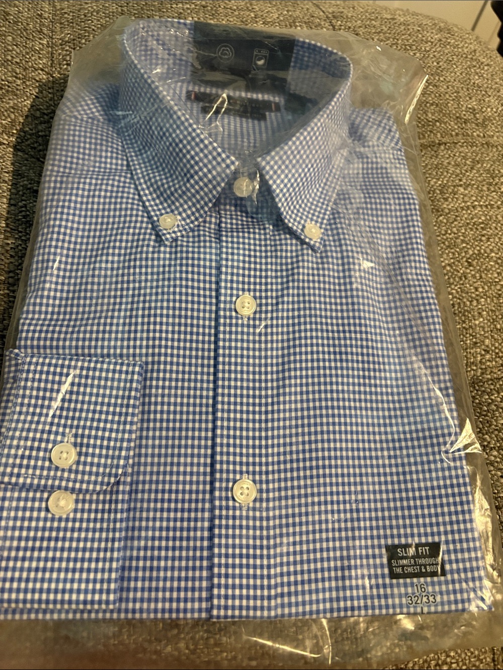Tommy Hilfiger Slim Fit Blue Gingham Button-Down Dress Shirt 16 32/33 L